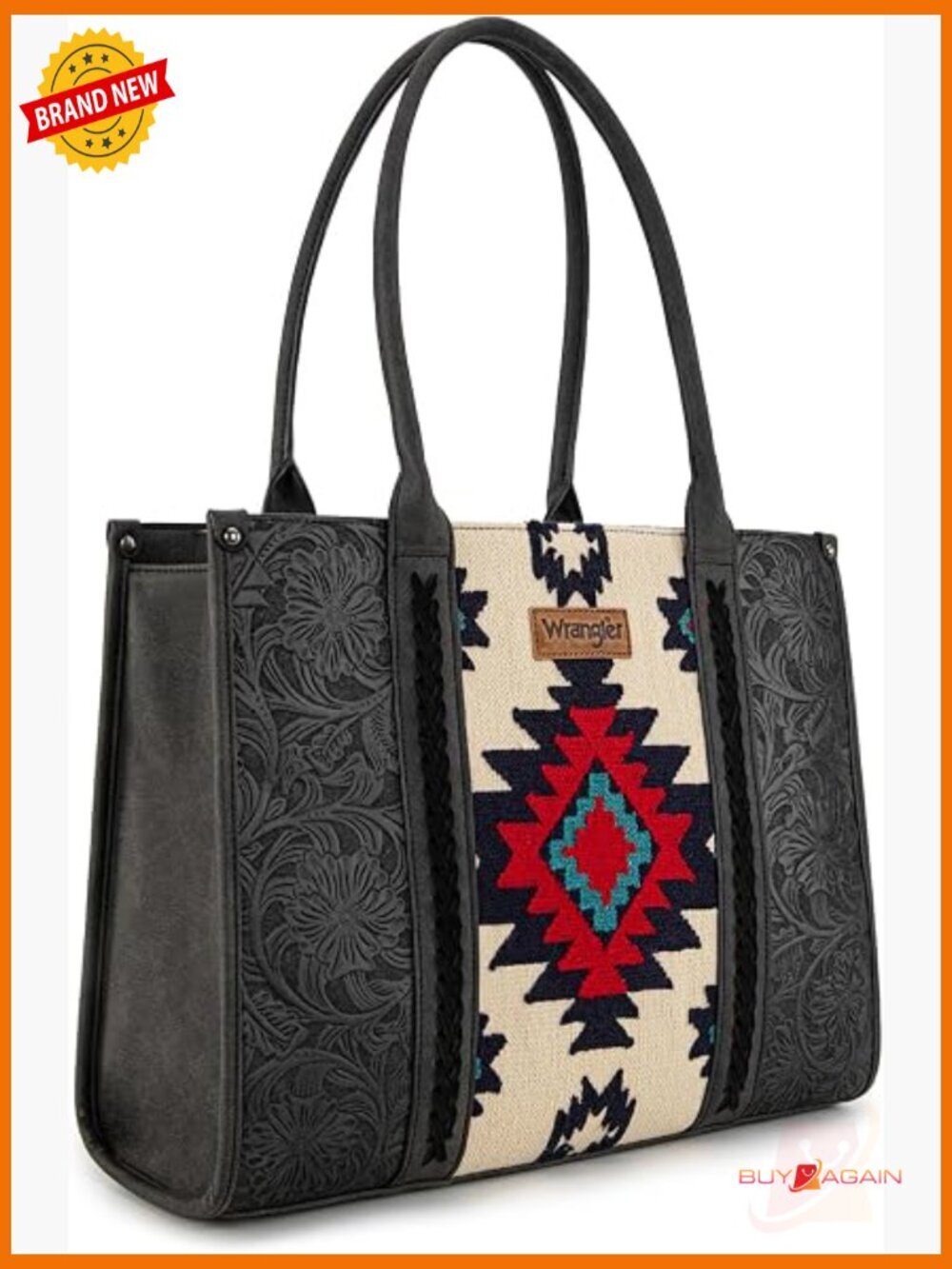 Western Tote Bag with Vintage Tooled Leather & Aztec Tapestry